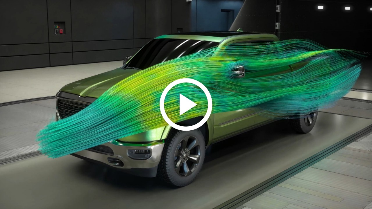 green car in simulation cutting wind through