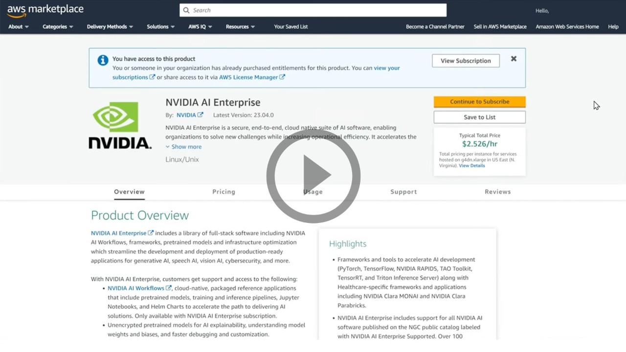 Getting Started With NVIDIA AI Enterprise on AWS Marketplace