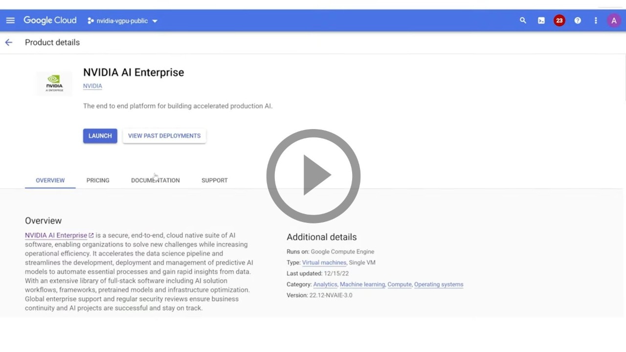 An image of the user interface  of NVIDIA AI Enterprise on Google Cloud Marketplace