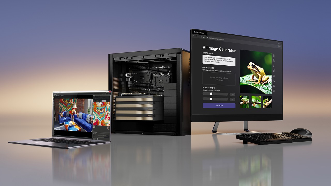 A laptop and a workstation PF with an NVIDIA RTX inserted in the desktop. 