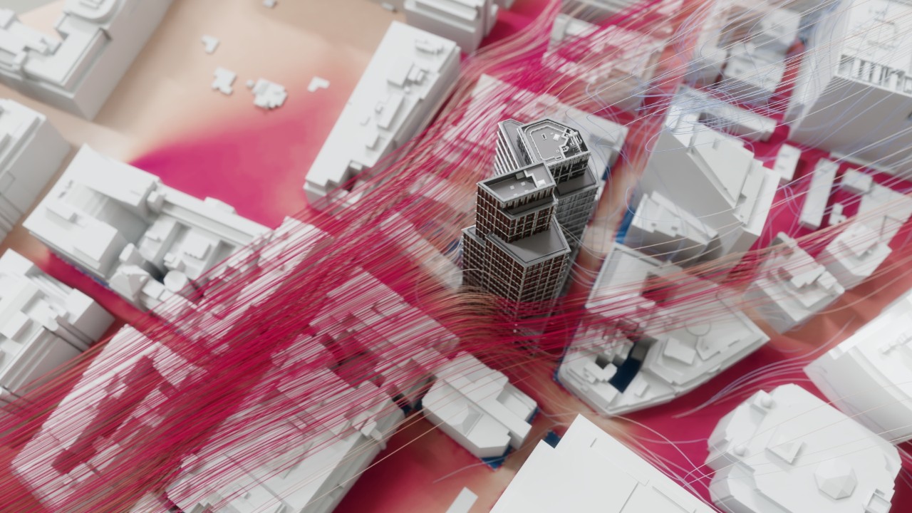 Rendering of city buildings with simulated wind stream passing by a skyscraper
