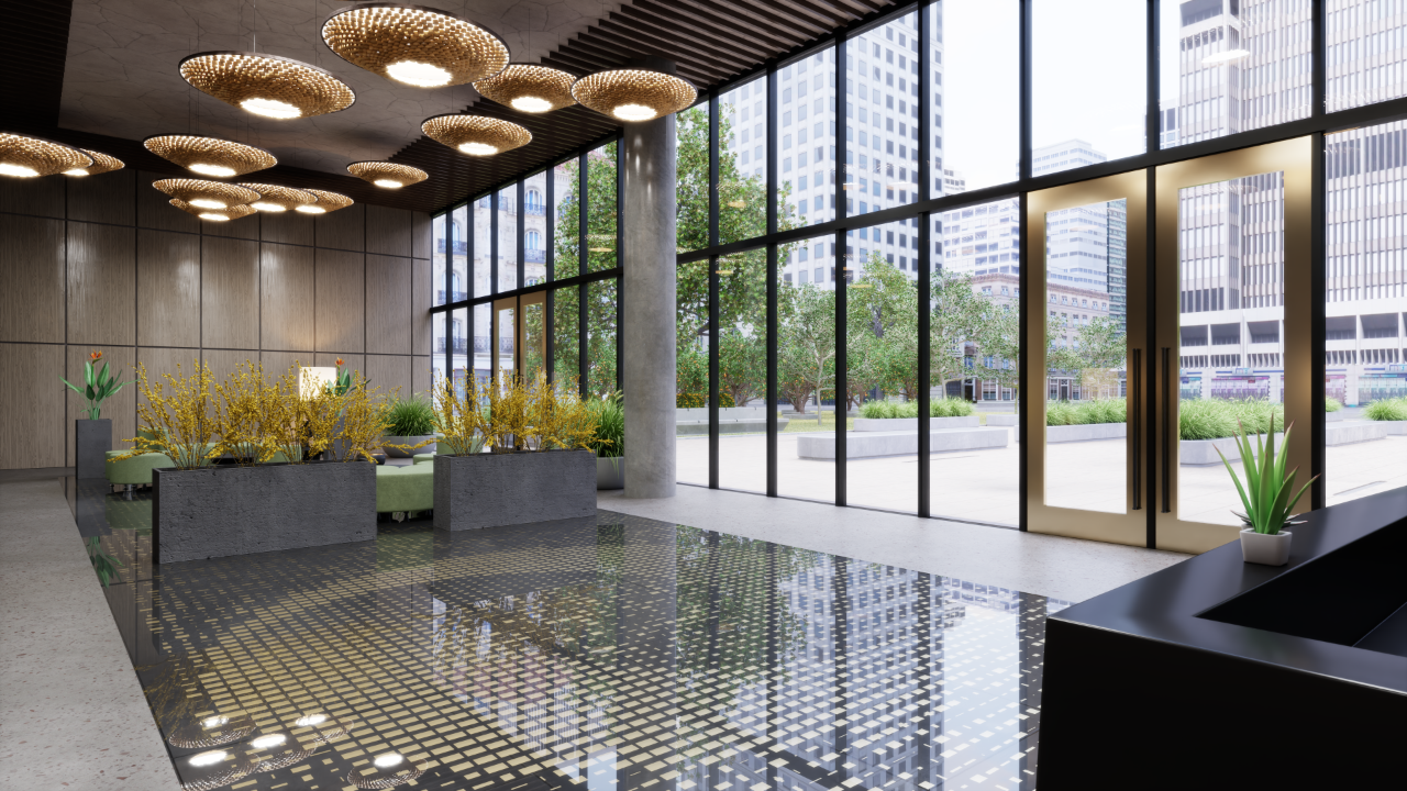 Rendering of the interior of a city building powered by RTX.